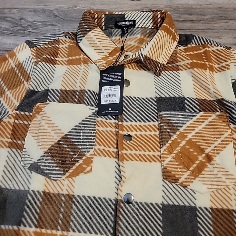 True Religion Polar Fleece Shacket‎ Mens Large Brown Gray Allover Gometric NWT